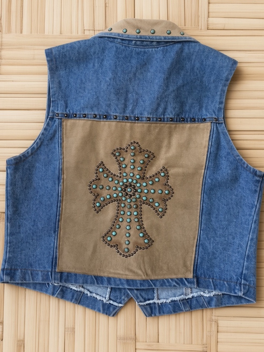 Patricia Wolf Patty Lewis Denim Suede turquoise & studded Cross Western Vest